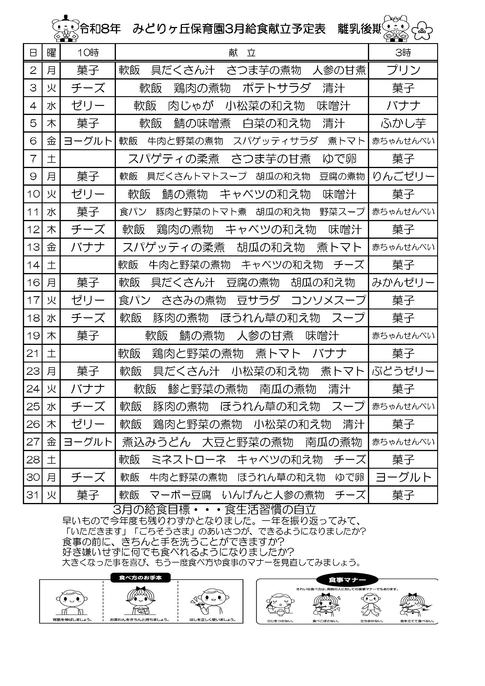 3月の給食献立予定表